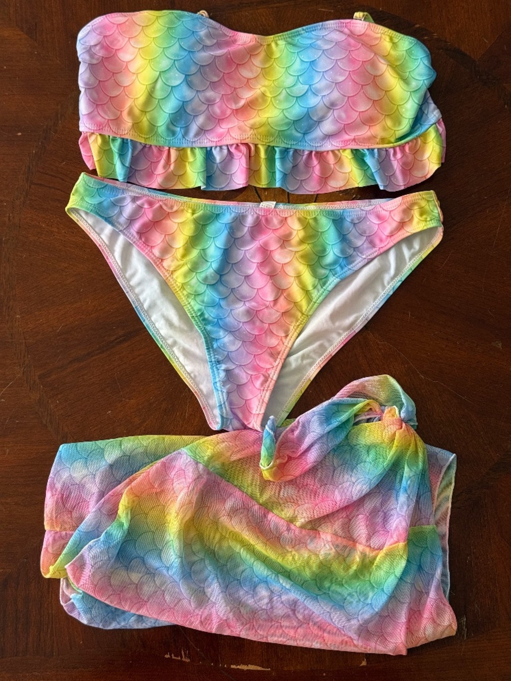 NWOT Kamoni Rainbow Mermaid Scale Ruffle Bikini W/Sarong Coverup